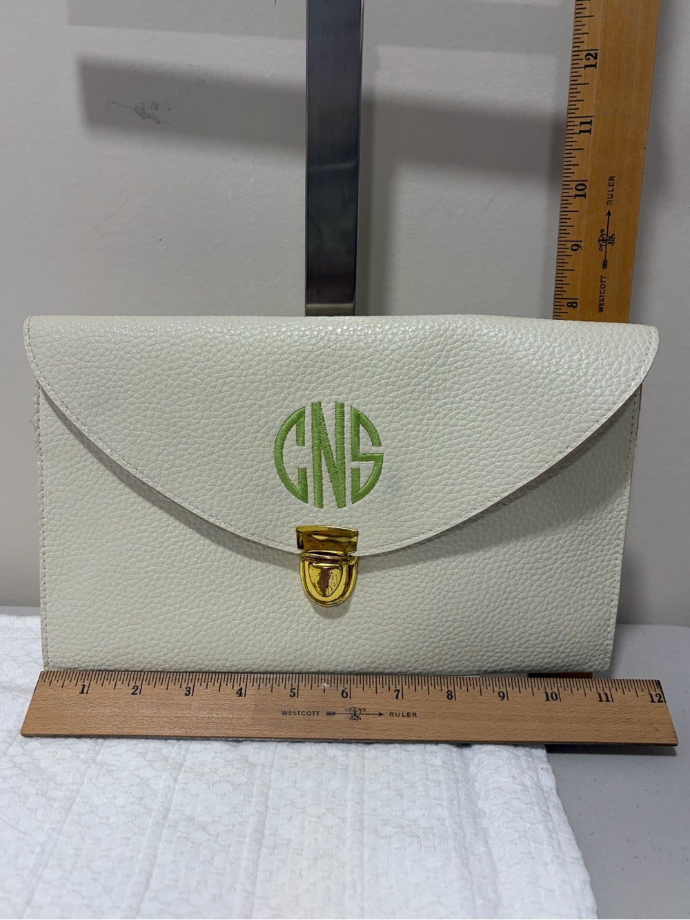 White Envelope Clutch with Green Monogram - Unbranded